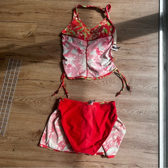Beach bay Salmon pink & green tankini floral set gold detail & side ties size 8 - Picture 10 of 16